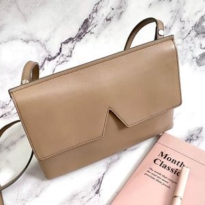EUC Vince Signature V Leather Small Crossbody Bag Taupe Beige Sand